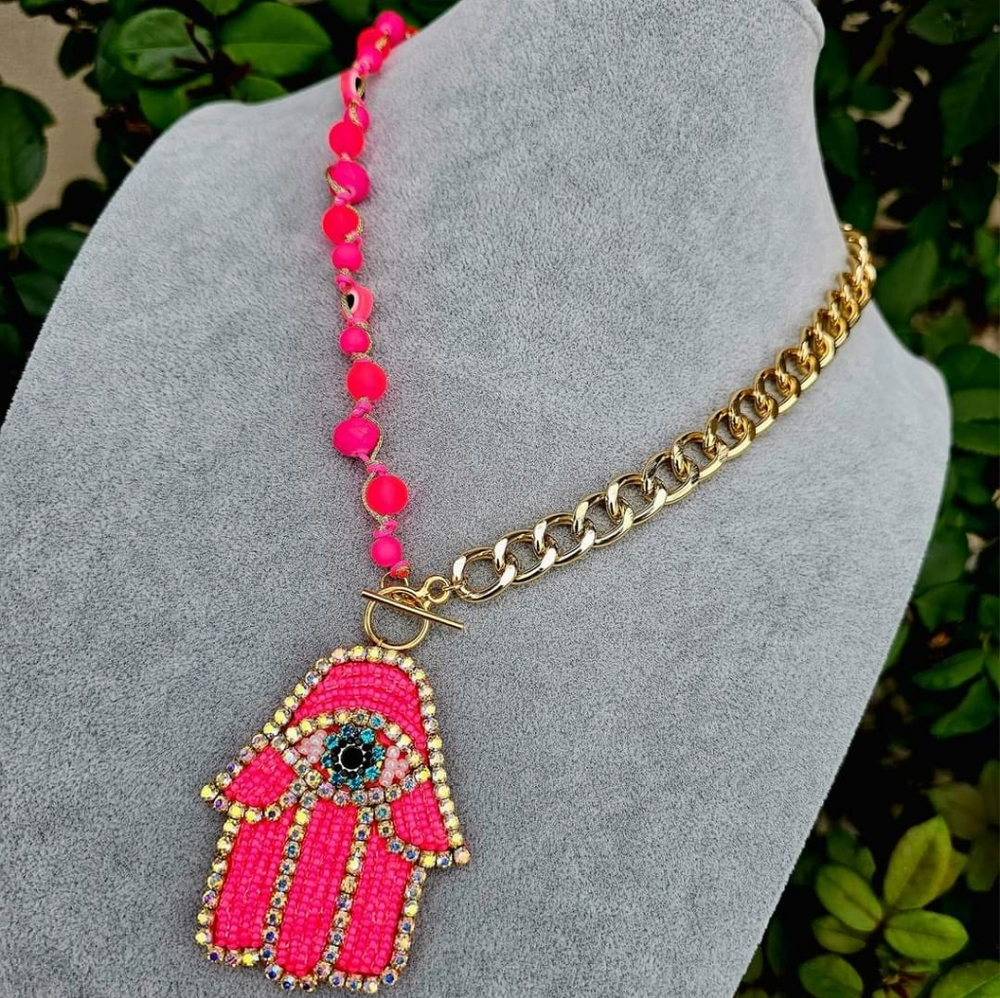 Hand Eye Necklace Neon Pink